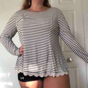 Lace-Trim Striped Tunic Shirt